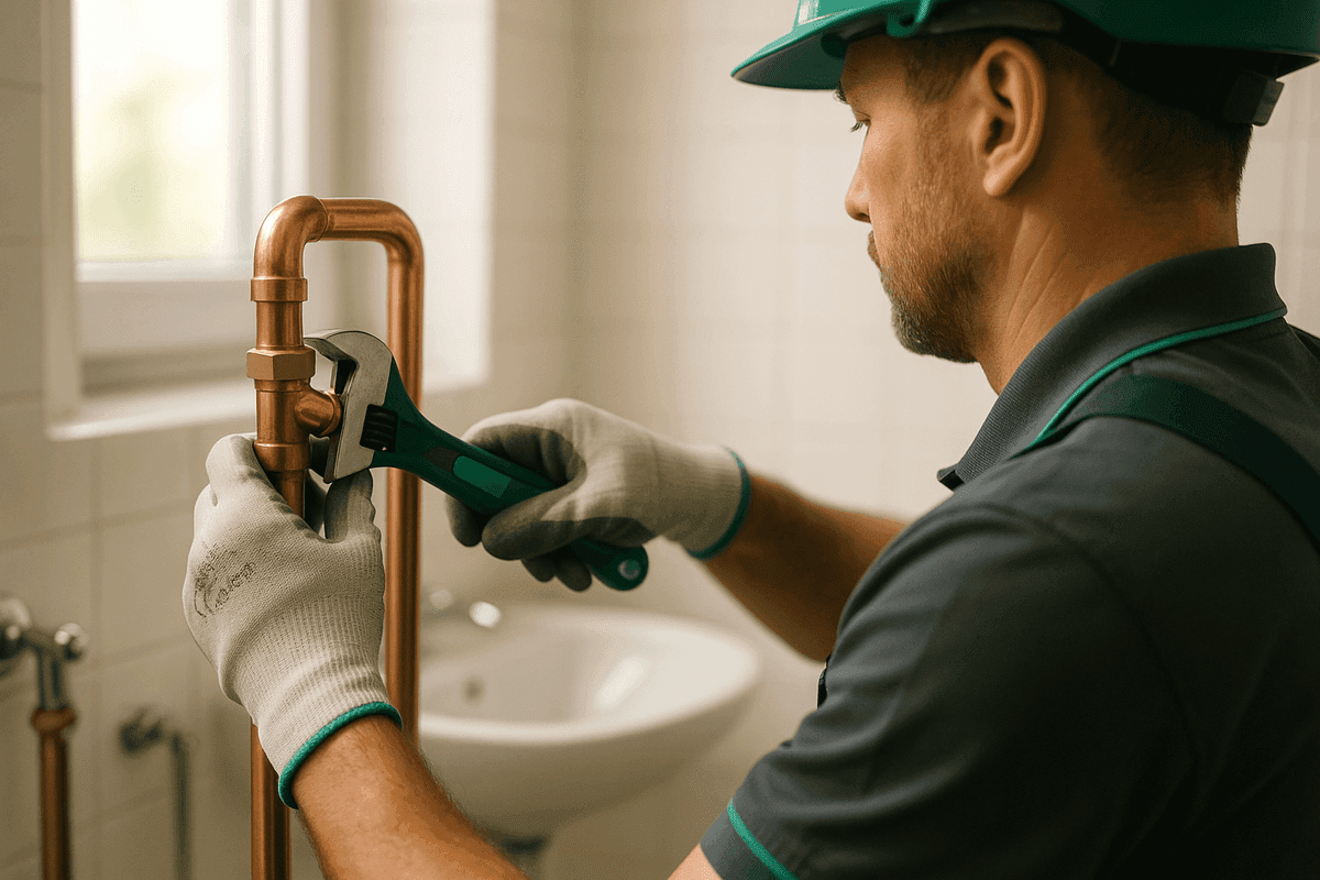 Close-up of plumber’s gloved hands tightening copper pipe fitting in bright bathroom