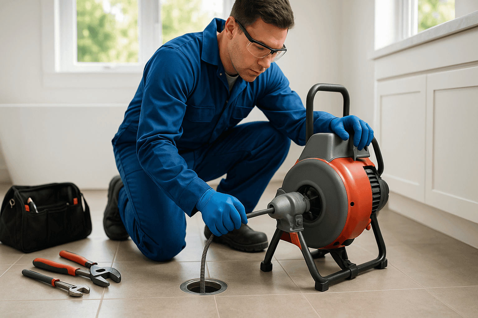 Technician using professional drain auger in Portland home bathroom